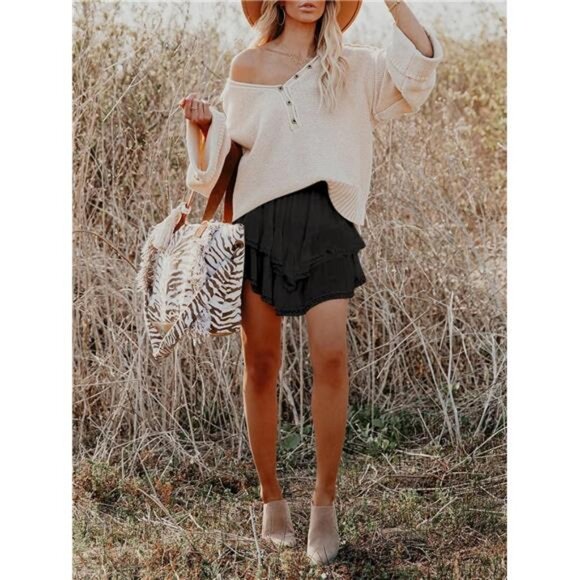 Flowy Shorts for Women Casual Boho Ruffle Tiered Skorts High Waist Mini Skirts - Picture 5 of 6